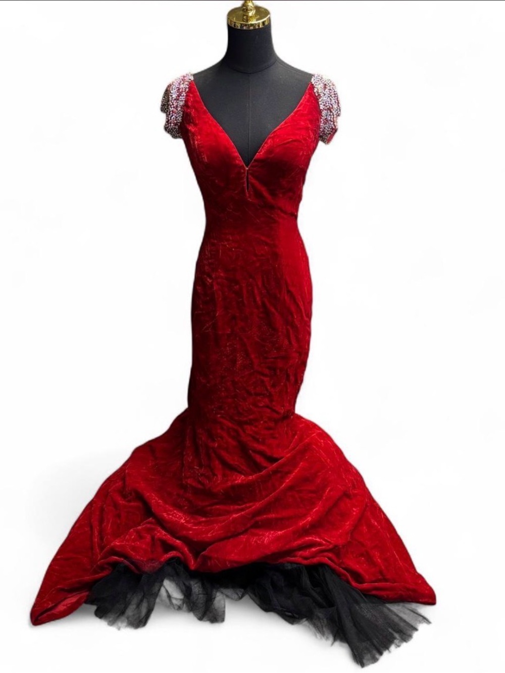 Sherri Hill Red Velvet Mermaid Gown with Beaded Cap Shoulders